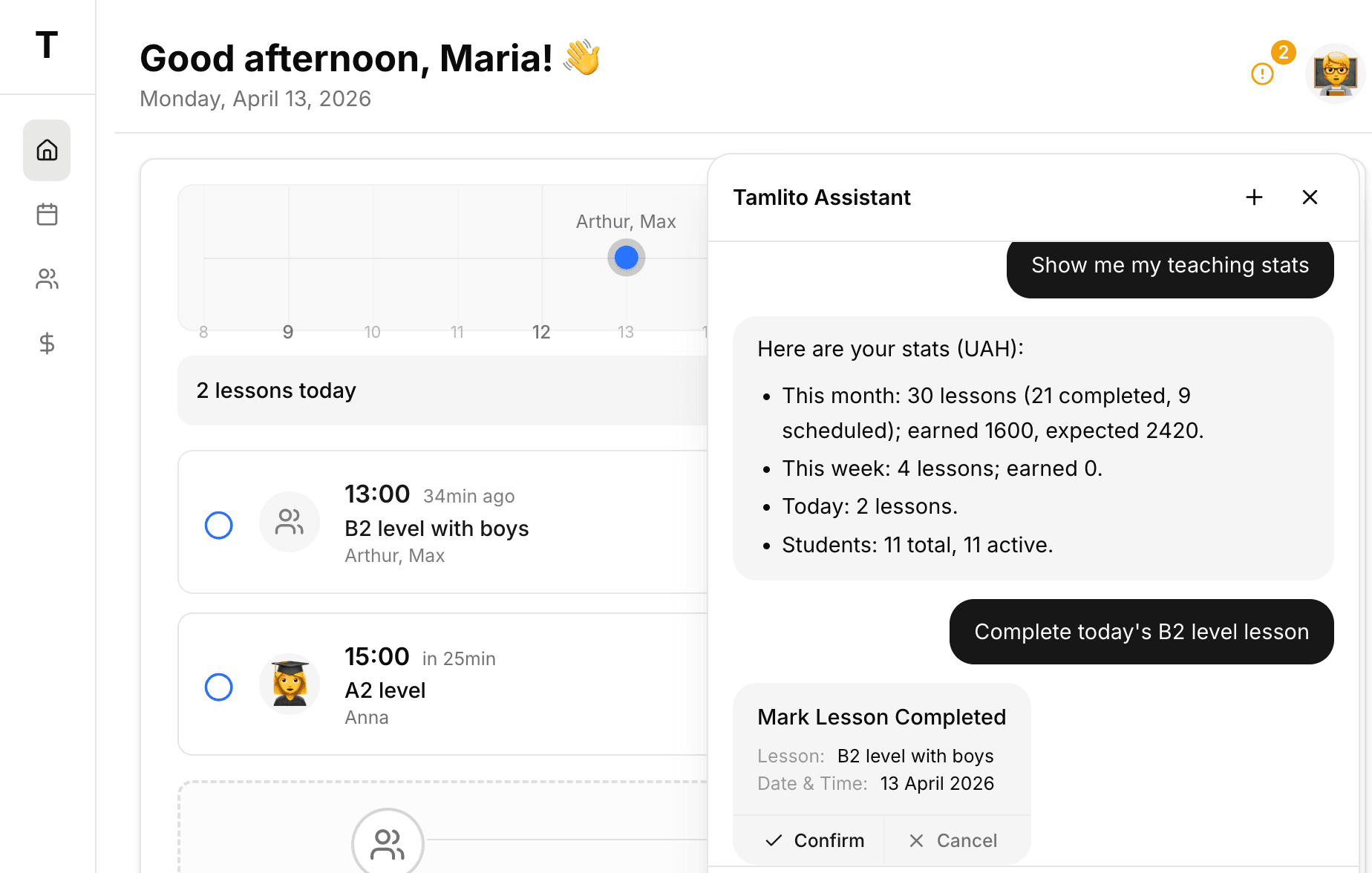 Tamlito dashboard — manage students, lessons, and payments