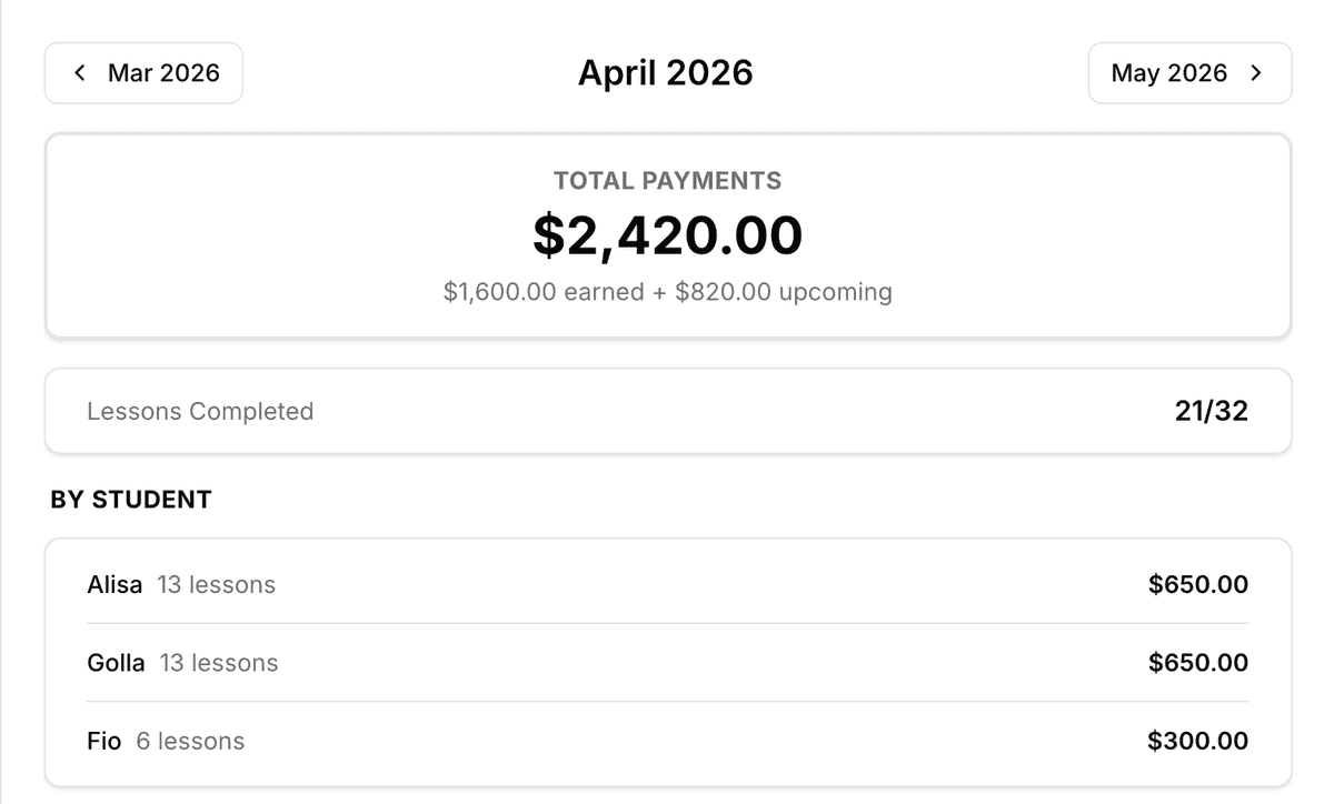 Track payments and see unpaid lessons
