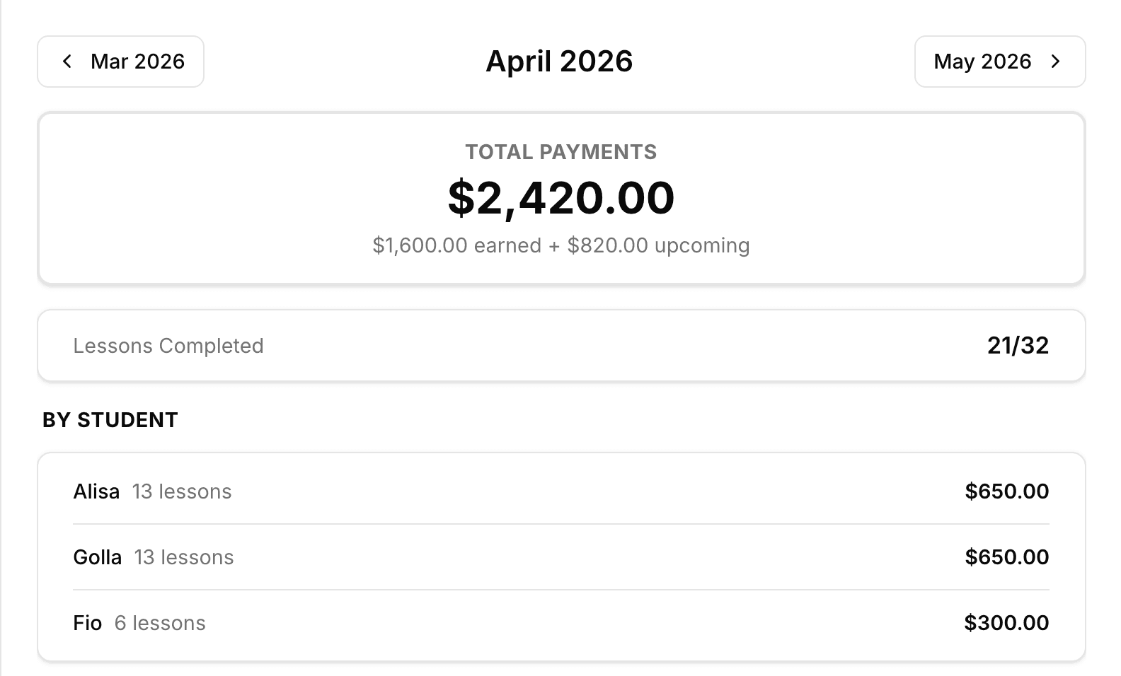 Track payments and see unpaid lessons